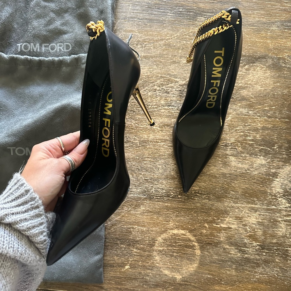 Tom Ford Open-Side Pumps with Chain Strap, Black, Women's